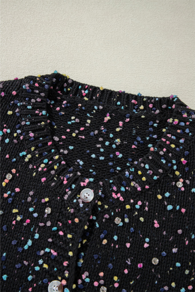 This cardigan is sweet and stylish with multicolor confetti pattern
The sweater style with buttons front is easy to dress up/down
It’s flattering fit and sparkling with rhinestones décor
It pairs well with jeans and skirts for a chic look with a touch of rhinestone bling!