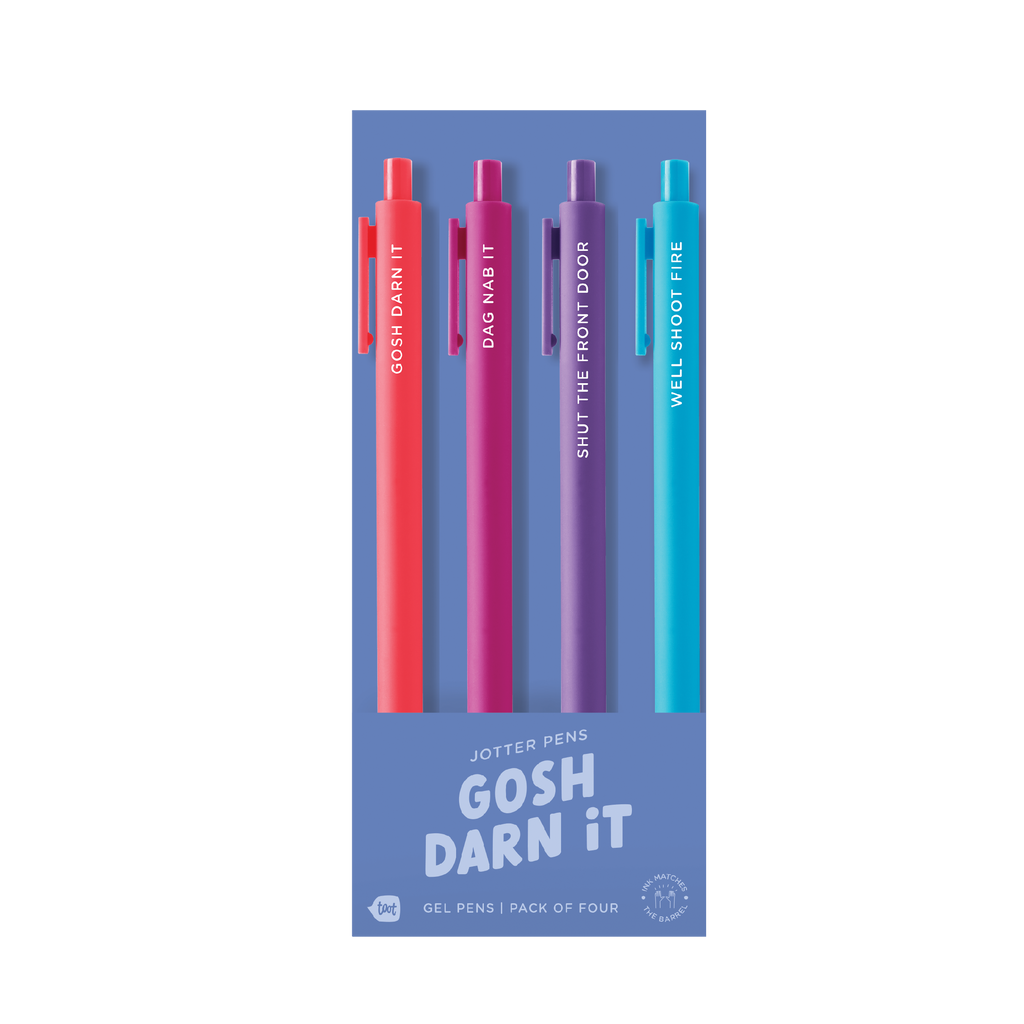 Funny Pen Jotter Set, Unique Office Supplies, Humorous stationery gifts, novelty pen and jotter set, funny desk accessories, Jotter Set of 4 Gosh Darn It | Funny Gel Pen Set - Gosh Darn it, Dag nab it, Shut the front door, Well shoot fire