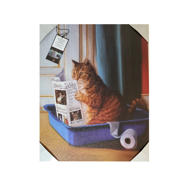 "Kitty Throne" Tabby Cat Reading Paper in Liter Box, wrapped canvas 16 x 20 | Kitty Bathroom Humor. 