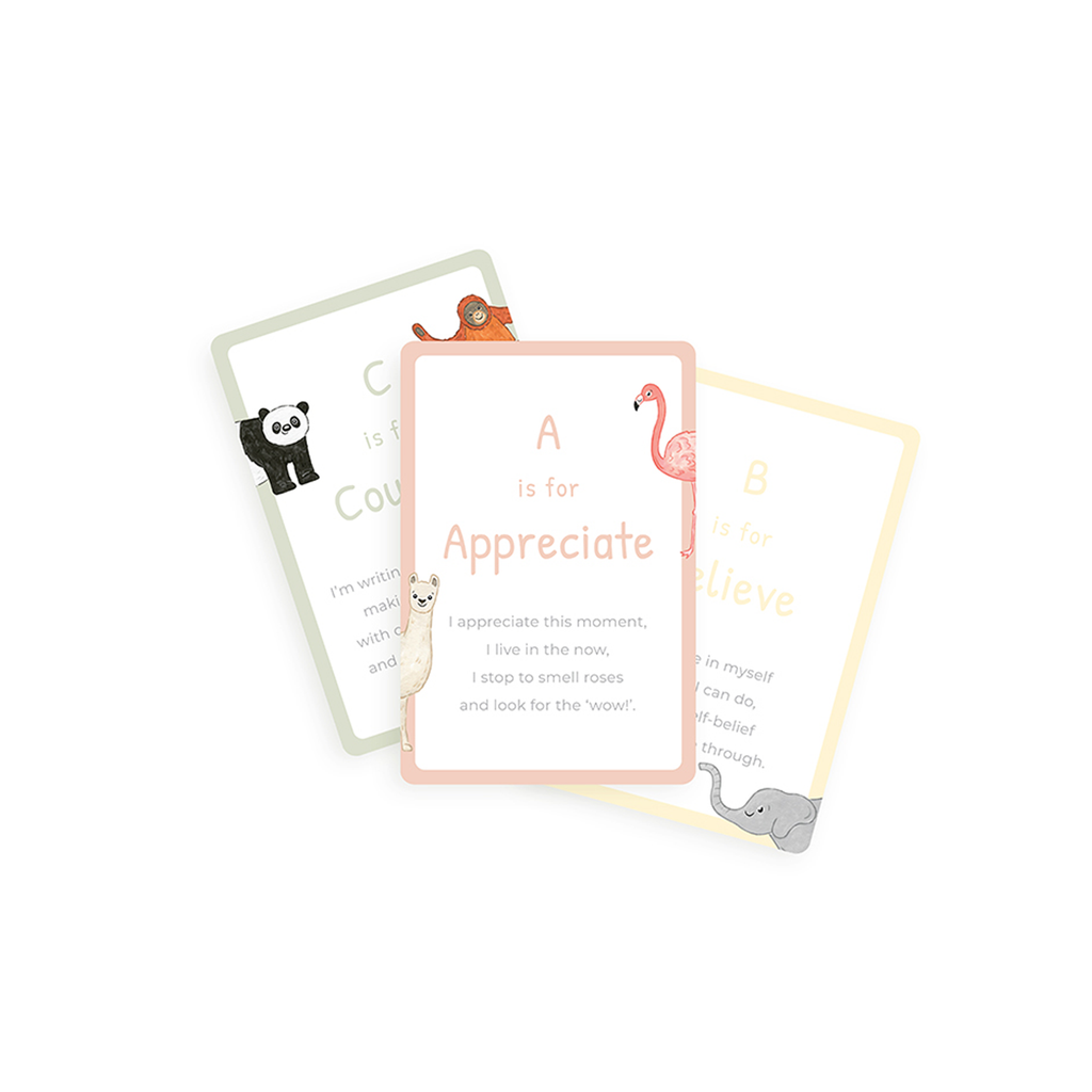 Educational flashcards with animal illustrations and text on a white background