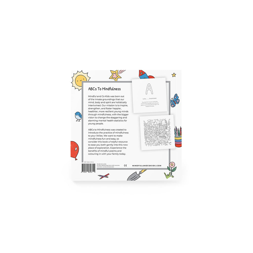 Back cover of a book with colorful illustrations and text on a white background