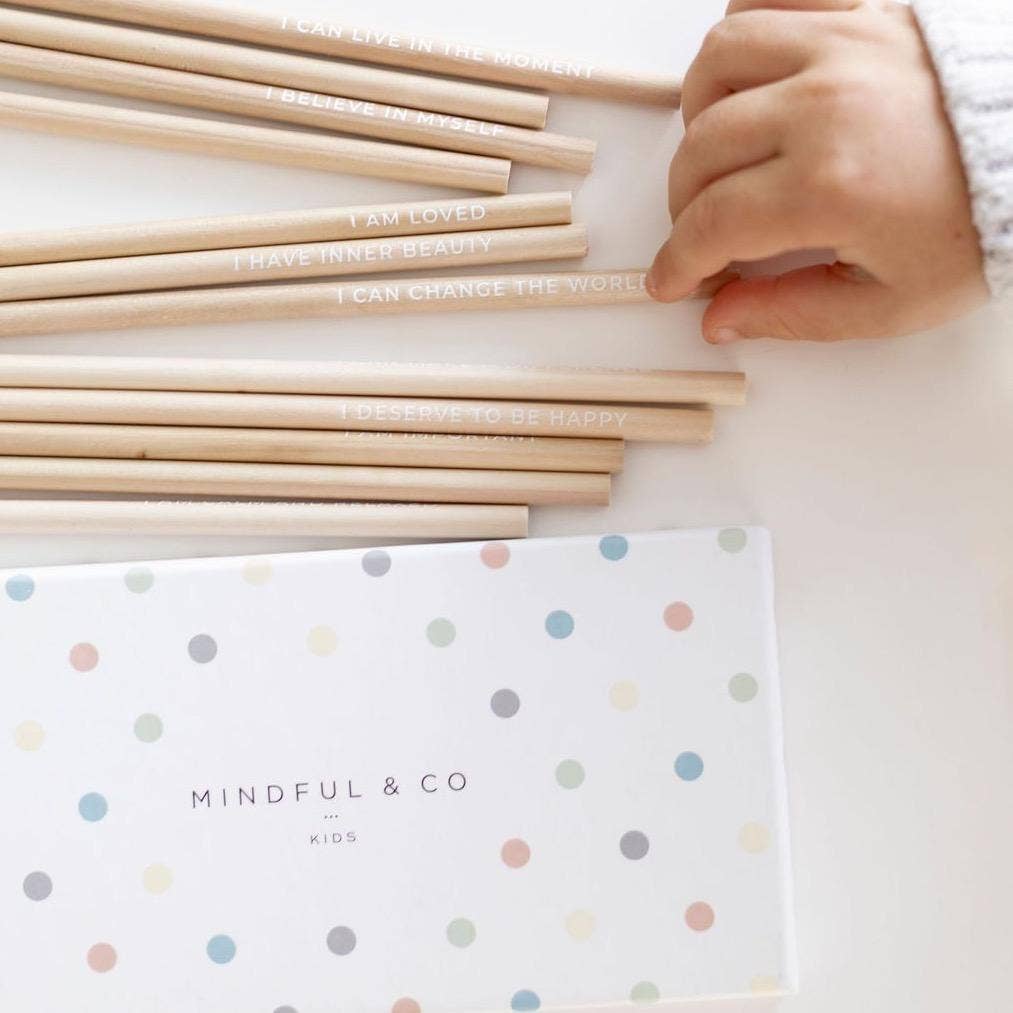 Wooden sticks with motivational phrases next to a polka dot notebook with 'Mindful & Co' branding.