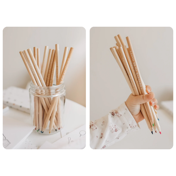 Coloring pencils with motivational phrases for kids.