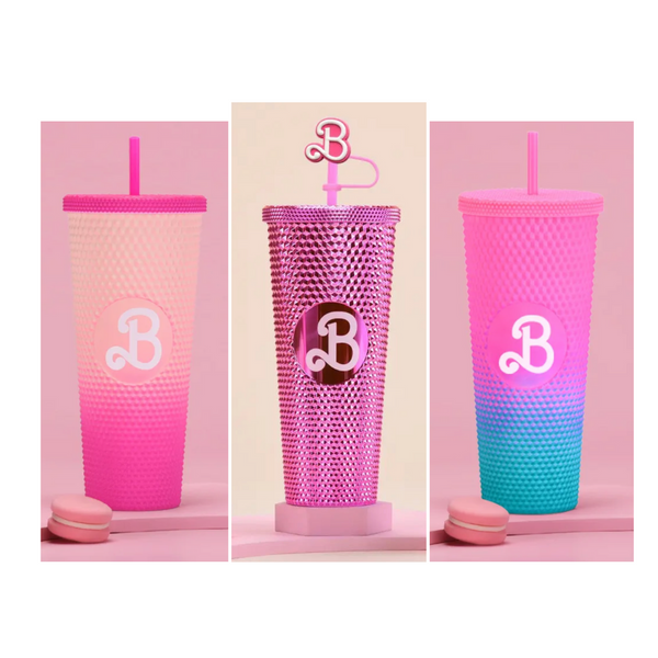 Starbucks style Barbie Tumbler,Let's Go!!!  3 fabulous styles of this 24oz bling studded tumbler with straw and "B" cap.  Indulge in style and function with the 24oz Studded Tumbler that goes perfectly with all things Barbie!  Made with BPA-free plastic and a leak-proof design these babies will keep your favorite beverages cold in style!  Barbie the Movie tumbler