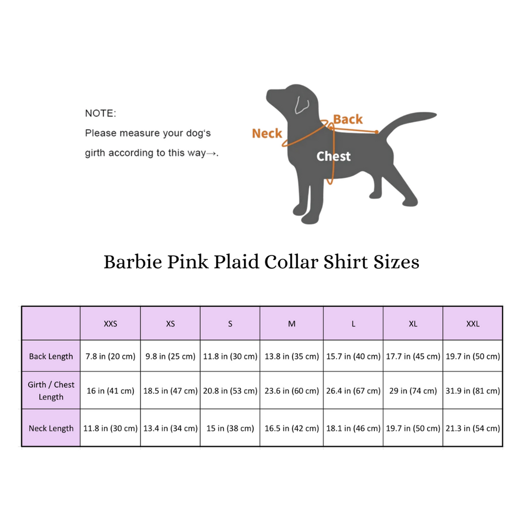 It's time for your dog to play Barbie too!  This unique custom designed pink plaid shirt is adorable.  Silky soft fabric with a fabulous collar is sure to turn heads! pugs, frenchies, and bulldogs.  Make sure to check out our Sassy Woof selection of Barbie collars, harnesses, and leashes - what a stellar pup combo - Let's go Barbie! 