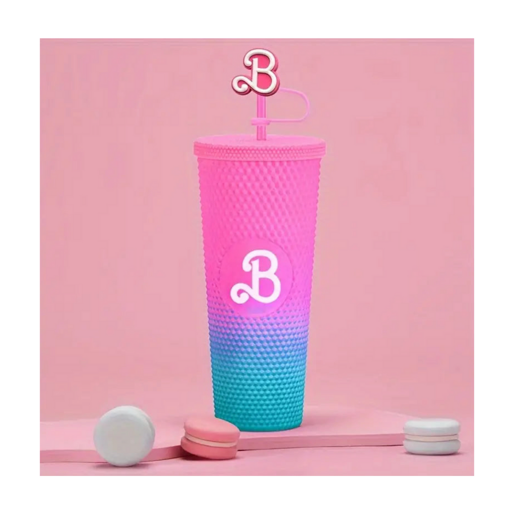 Starbucks style Barbie Tumbler,Let's Go!!! 3 fabulous styles of this 24oz bling studded tumbler with straw and "B" cap. Indulge in style and function with the 24oz Studded Tumbler that goes perfectly with all things Barbie! Made with BPA-free plastic and a leak-proof design these babies will keep your favorite beverages cold in style! Barbie the Movie tumbler