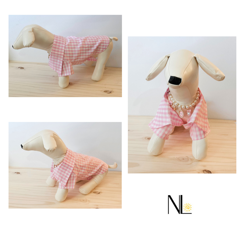 Barbie Pink Plaid Dog shirt with Tie
This unique custom designed pink plaid shirt is adorable.  Silky soft fabric with a fabulous collar is sure to turn heads! pugs, frenchies, and bulldogs. 