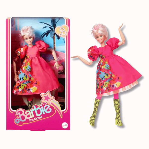 Step into the world of Barbie like never before with the limited edition "Weird Barbie" doll from Barbie The Movie. Inspired by the beloved character, this doll boasts a vibrant pink dress adorned with whimsical designs and puffy sleeves, plus eye-catching green snakeskin boots. 