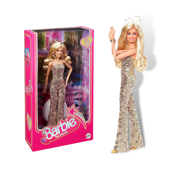 Barbie The Movie, Barbie in Gold Disco Jumpsuit | Margot Robbie Disco Gold Barbie Doll Disco Barbie Doll with box