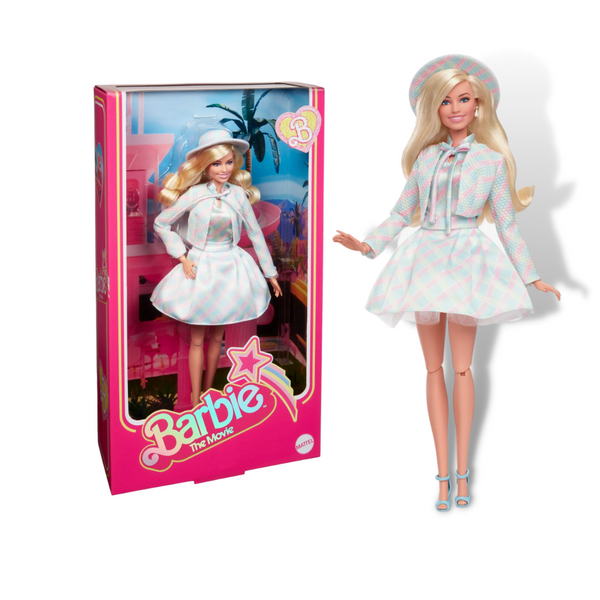 Barbie the Movie, Margot Robbie in Plaid,This collectible Barbie doll wears an impeccably coordinated three-piece plaid outfit. It’s a look pulled straight from the film, right down to her matching hat and pastel heels. Even her petticoat is perfectly paired in plaid! Celebrating Barbie The Movie, this Barbie doll makes a great gift for fans and collectors alike. Pink, blue, and yellow cropped jacket with a puffy skirt and matching blouse