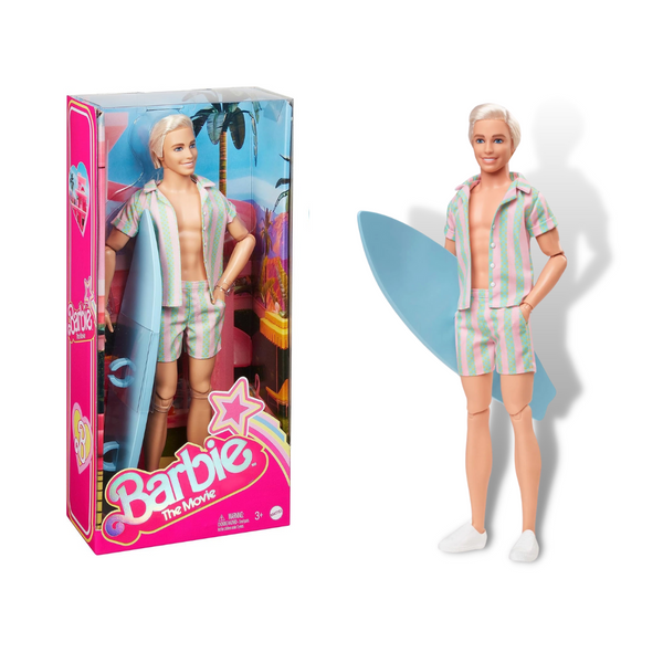Barbie the Movie Beach KenInspired by Ken’s character in the upcoming film, this Ken doll is ready to catch some waves. With a surfboard in tow, Ken wears a beachy, striped matching set. Celebrating Barbie The Movie, this Ken doll makes a great gift for fans and collectors alike.