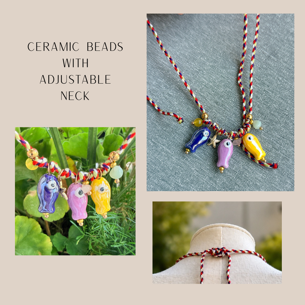 Beach inspired necklace with colorful ceramic fish beads on rope adjustable necklace