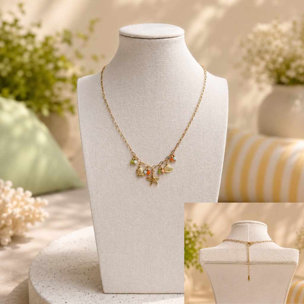 Ocean themed necklace front and back with beads and 18K gold plated charms. 