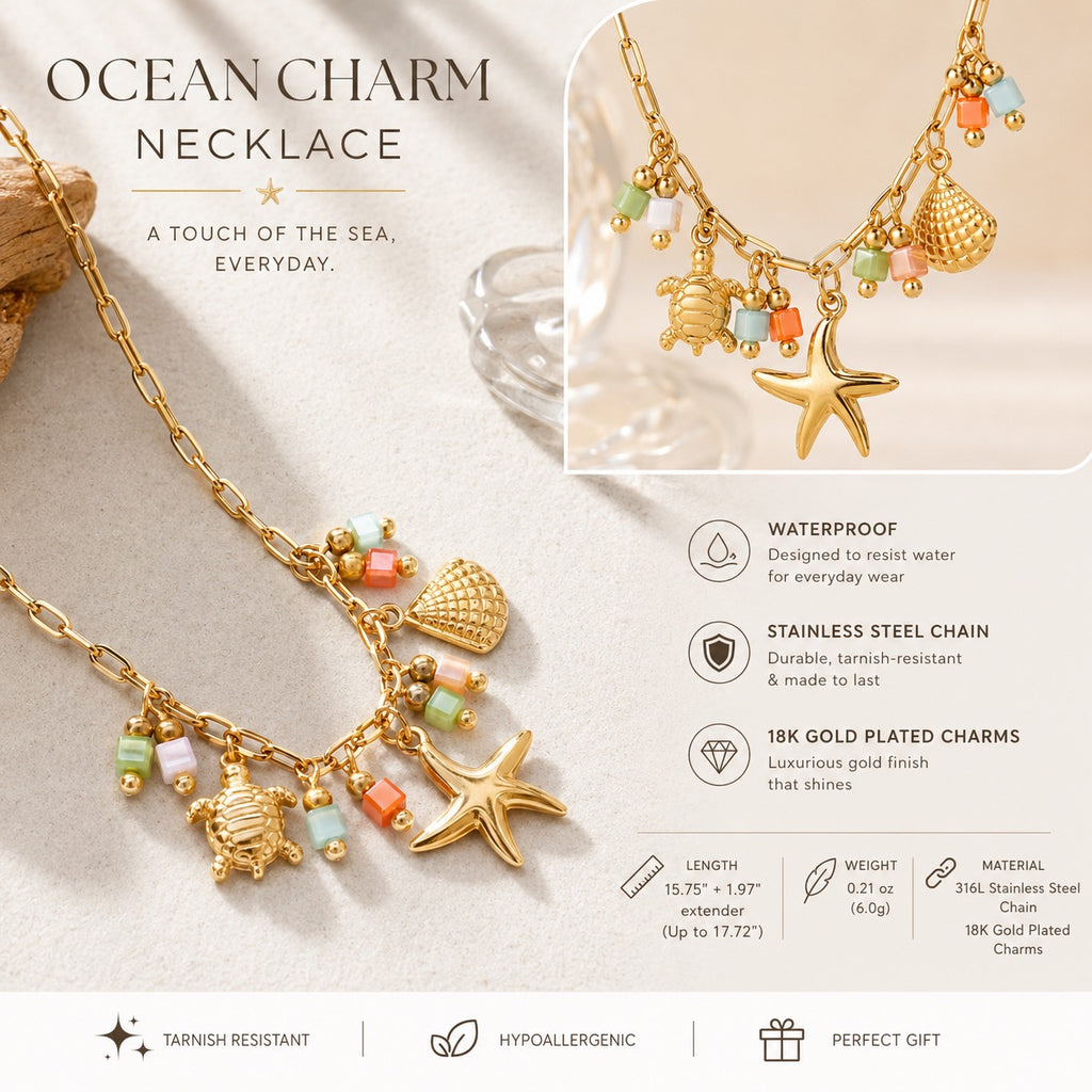 Ocean charm necklace with gold plating and various charms on a neutral background
