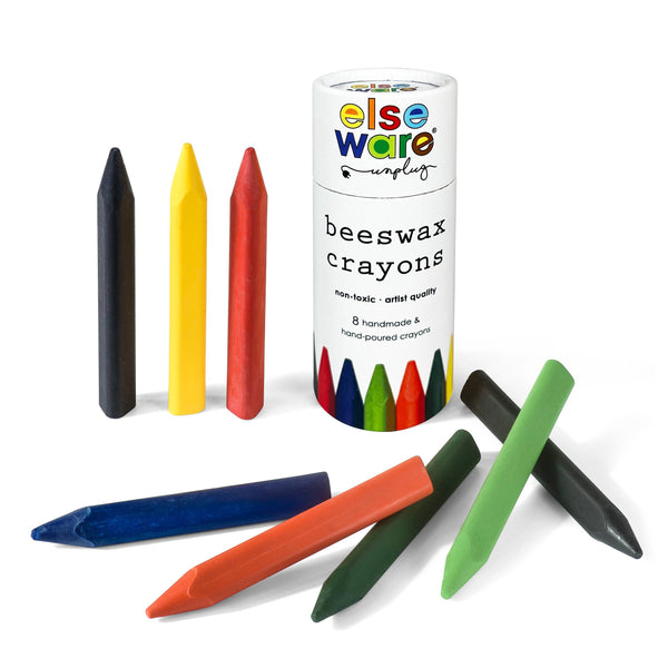 Set of colorful beeswax crayons with a cylindrical container labeled 'else ware' on a white background.