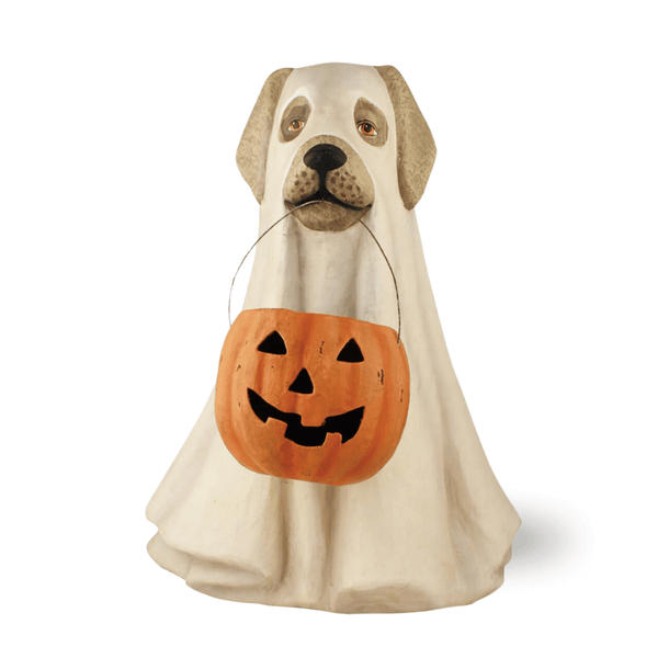 Bethany Lowe XL Large Ghost Dog | Bethany Lowe Ghost Dog | Extra Large Size Ghost Dog |Unleashing a playful energy and clever disguise, the XL Bethany Lowe Ghost Dog is the perfect addition to your spooky celebrations. This charming canine comrade brings a whimsical touch to any Halloween setup and is a must-have for collectors and fans of one-of-a-kind decor. Donning a ghostly look with a jack o'lantern treat holder in its mouth! Cute Halloween Dog decor