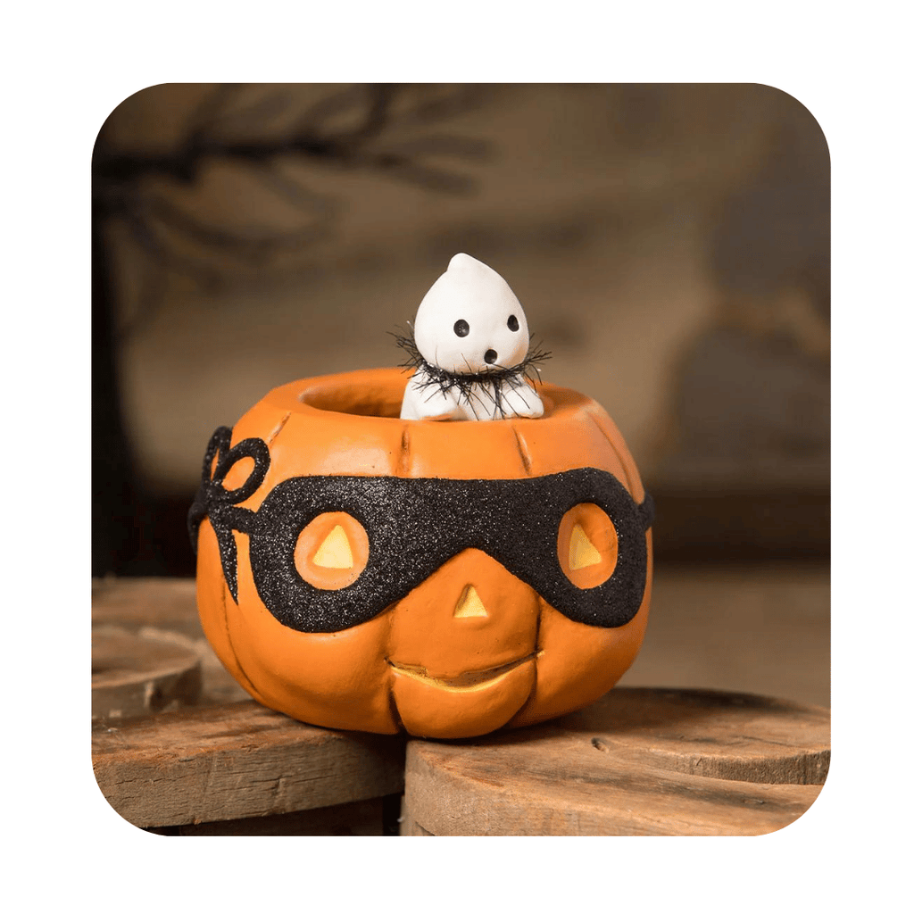Bethany Lowe JOL and Peeking Boo 5.25 inches Michelle Allen Halloween Folk Art Bethany Lowe JOL and Peeking Boo | Michelle Allen Raggedy Pants Designs Pumpkin and Ghost | Cute Pumpkin and Ghost