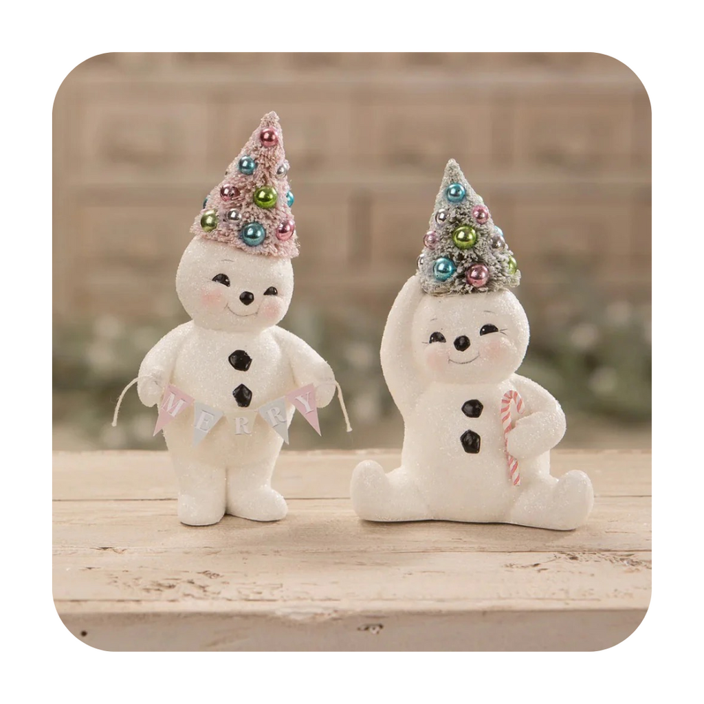 Bring home the best of retro inspired decor with this adorably, chubby, pastel snowman with colorful bottle brush tree on head and MERRY banner in hand, Cute Bethany Lowe Snowman, Cute Resin Glitter Christmas Bethany Lowe