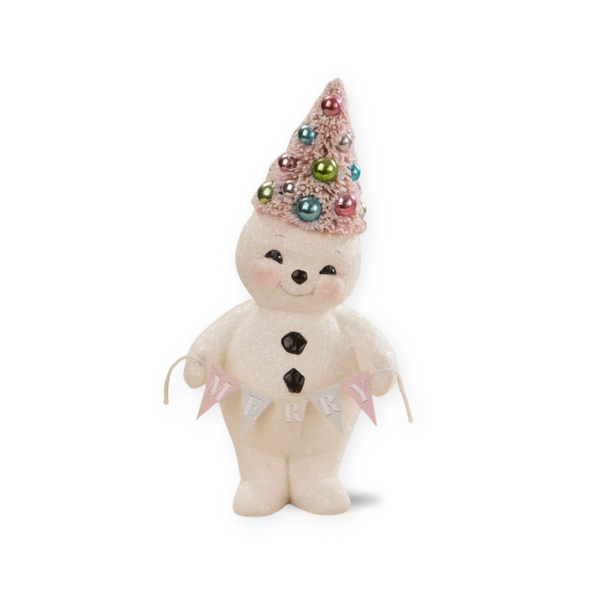 Bring home the best of retro inspired decor with this adorably, chubby, pastel snowman with colorful bottle brush tree on head and MERRY banner in hand, Cute Bethany Lowe Snowman, Cute Resin Glitter Christmas Bethany Lowe