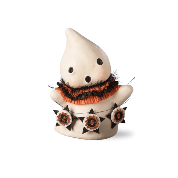 Have a spooktacular time with this cute Boo's Boo ghost figurine from Raggedy Pants Designs! Made of paper pulp and holding a handmade paper banner, it's a must-have for any Halloween display. Crafted with hand-painted details and a mix of crepe paper, tinsel, glitter, and wire, it's a fun and playful addition to your collection. Boo's Boo Bethany Lowe Raggedy Pants Ghost