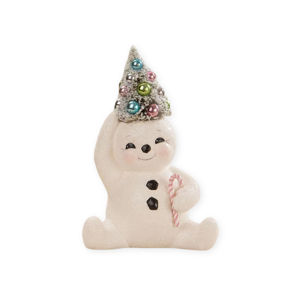 Bethany Lowe Retro Snowman, Bethany Lowe Retro Pastel Snowman with Bottle brush head, Vintage style snowman with bottlebrush tree, Bethany Lowe Snowman