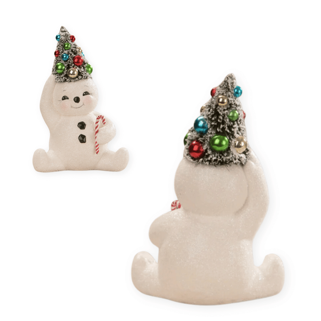 Bethany Lowe Snowman Bring home the best of retro inspired decor with this adorably, chubby, snowman with colorful bottle brush tree on head and candy cane in hand.Bethany Lowe Retro Snowman with Candy Cane Bottle Brush Tree | Bethany Lowe Retro Snowman | Bethany Lowe Cute Snowman