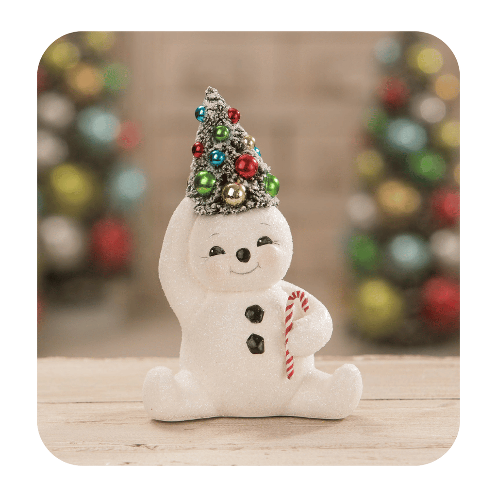 Bring home the best of retro inspired decor with this adorably, chubby, snowman with colorful bottle brush tree on head and candy cane in hand.Bethany Lowe Retro Snowman with Candy Cane Bottle Brush Tree | Bethany Lowe Retro Snowman | Bethany Lowe Cute Snowman