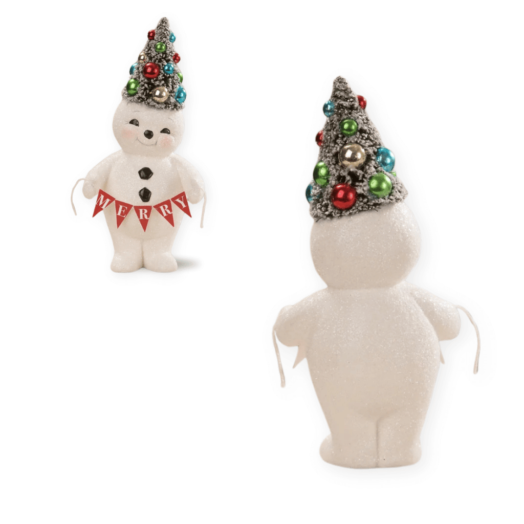 Bethany Lowe Retro Snowman with Tree and Merry Sign | Bethany Lowe Retro Merry Snowman with Tree | Bethany Lowe Bottle Brush Snowman