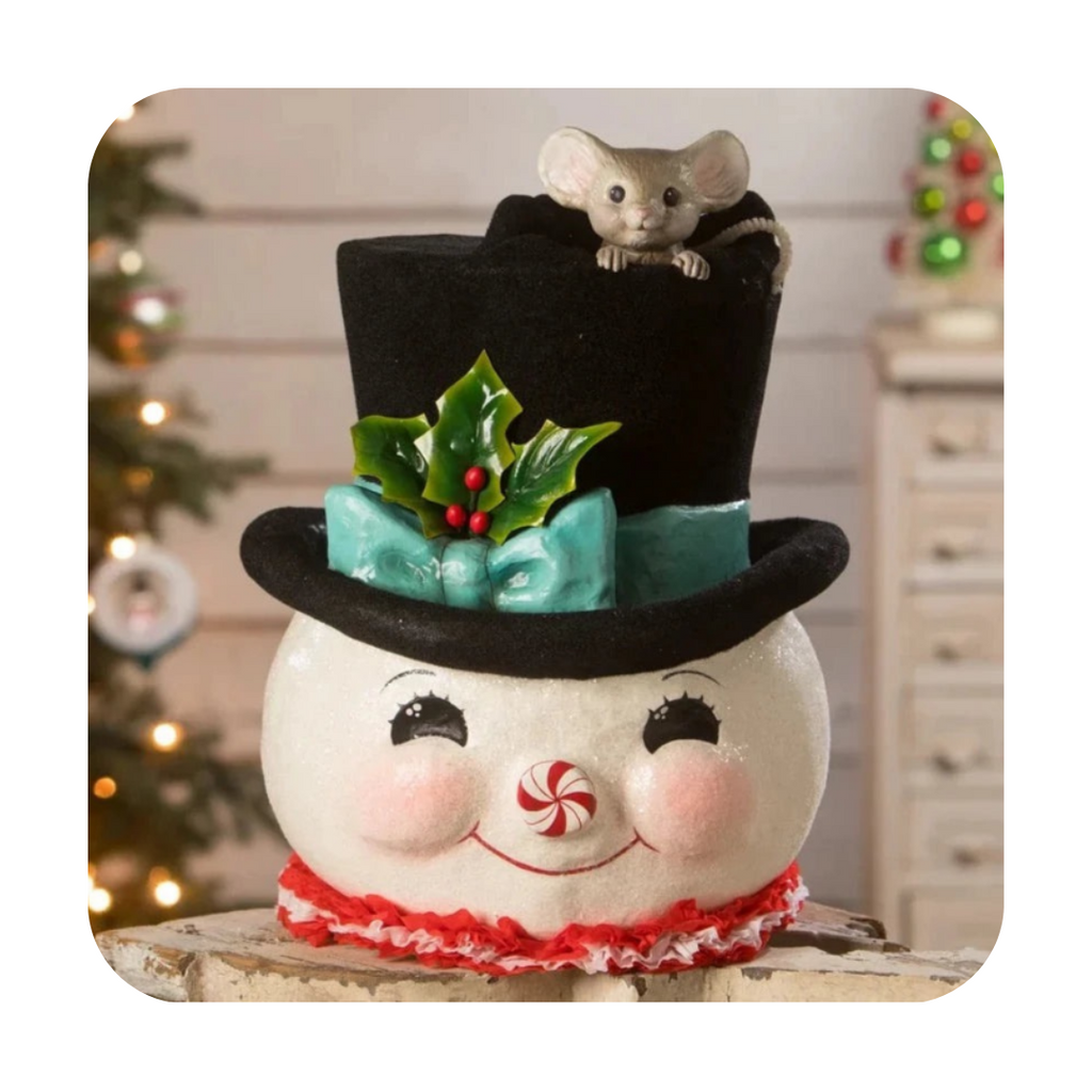 Bethany Lowe Snowman, Cute Bethany Lowe Christams,Bethany Lowe Designs Jolly Snowman Top Hat Surprise, Bethany Lowe Snowman Top Hat, Cute paper mache snowman