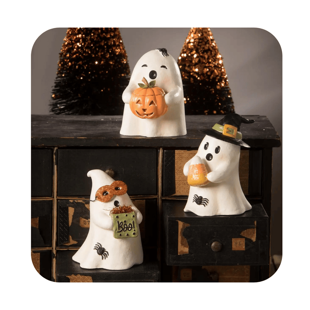 Bethany Lowe Ghost - Trick or Treat Ghost Graysen | Cute Bethany Lowe Ghost | Cute Small Halloween Ghost This little, paper pulp ghost with mask and bag would make a great companion for a night of trick or treating! We love the cute little mask on this ghostie!