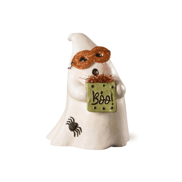 Bethany Lowe Ghost - Trick or Treat Ghost Graysen | Cute Bethany Lowe Ghost | Cute Small Halloween Ghost  This little, paper pulp ghost with mask and bag would make a great companion for a night of trick or treating! We love the cute little mask on this ghostie!