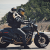 Person riding a motorcycle with a dog on their shoulders, surrounded by nature.