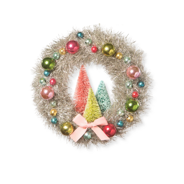 Bethany Lowe Designs Brights 7" Tinsel Wreath | Tinsel Wreath with Trees | Cute Wreath with Bottle Brush Trees