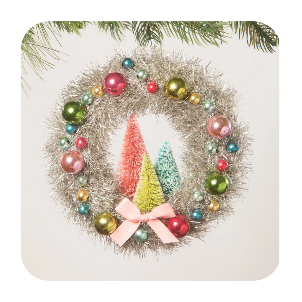 Bethany Lowe Designs Brights 7" Tinsel Wreath | Tinsel Wreath with Trees