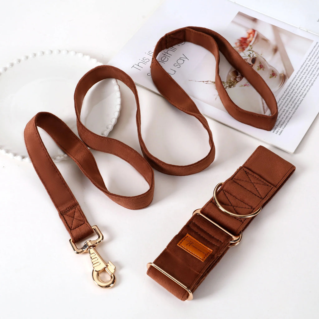 Brown Velvet style leash and collar set for sighthounds
