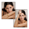 Woman wearing a gold heart-shaped bracelet with close-up shots on a white background