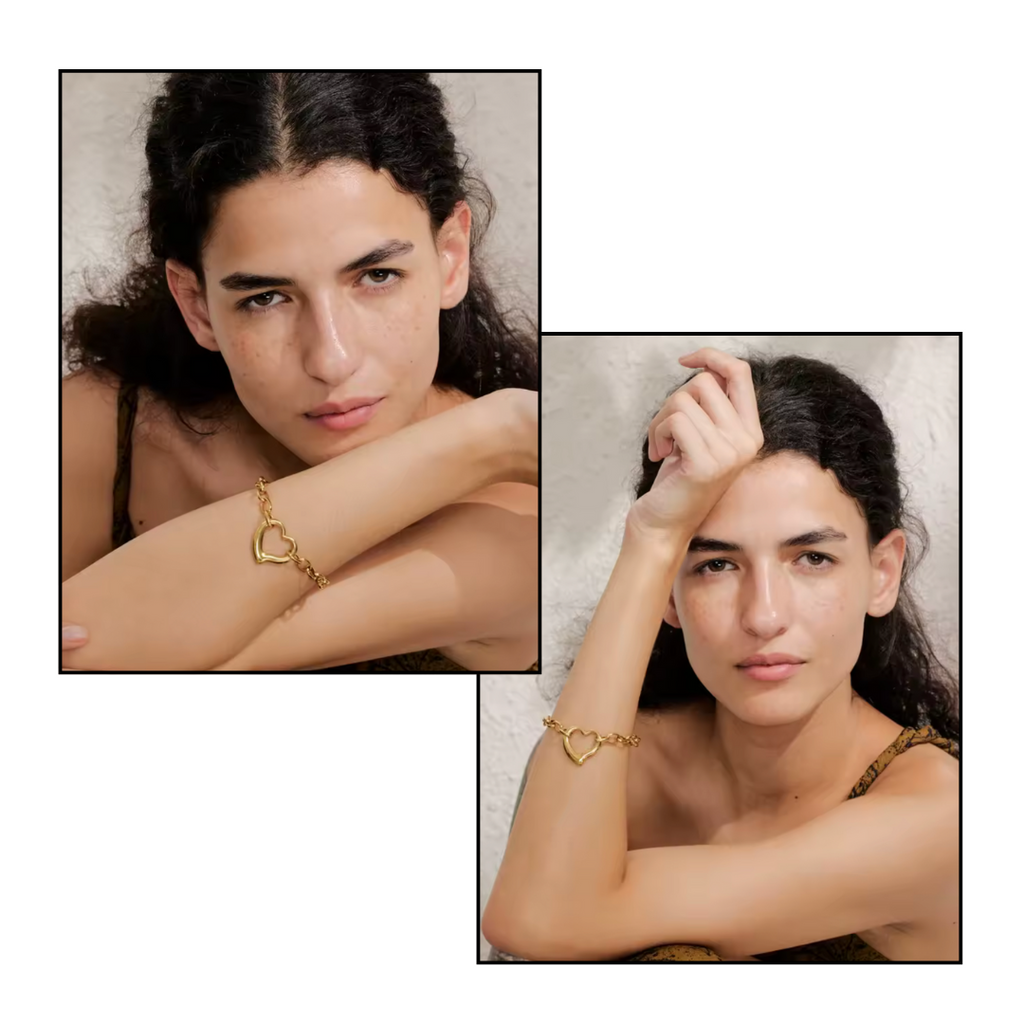 Woman wearing a gold heart-shaped bracelet with close-up shots on a white background