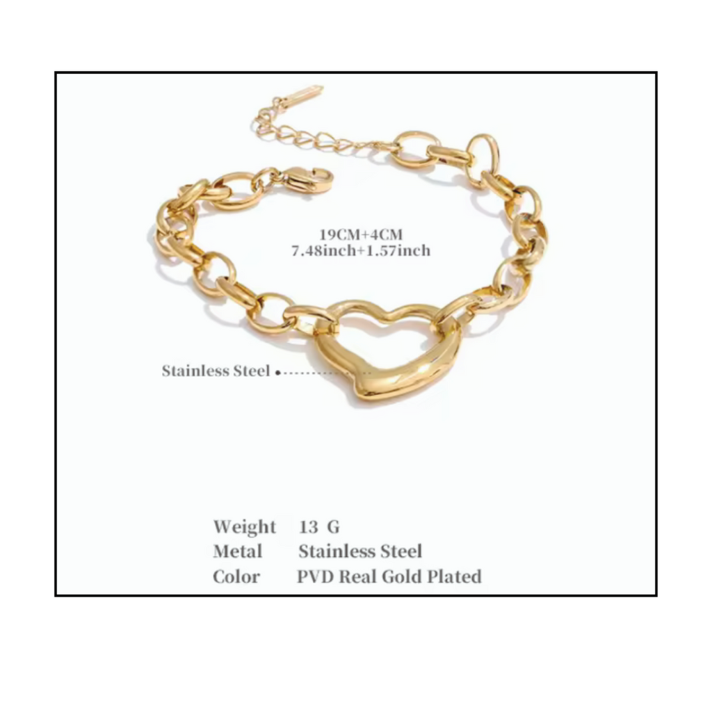 Gold chain bracelet approx 7.5 inches with heart-shaped links on a white background