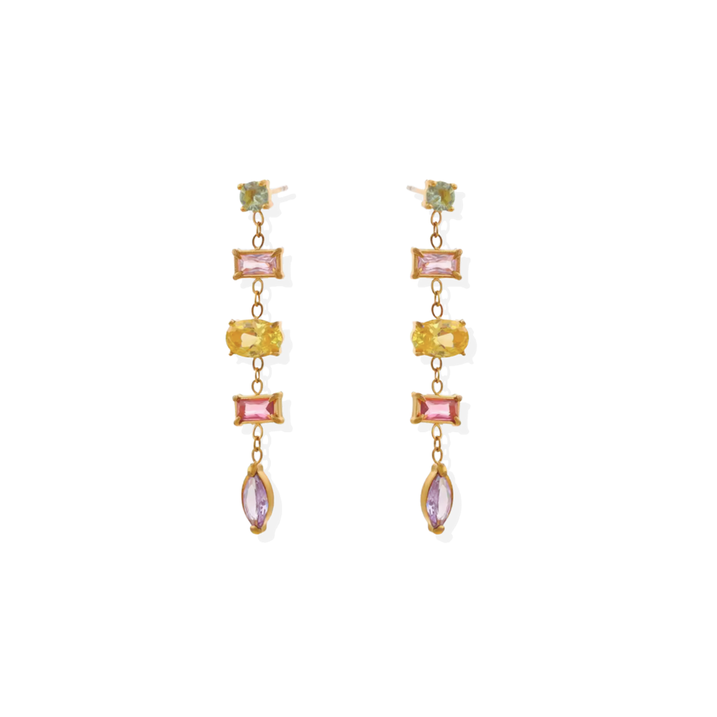 Pair of gold earrings with colorful gemstones on a white background
