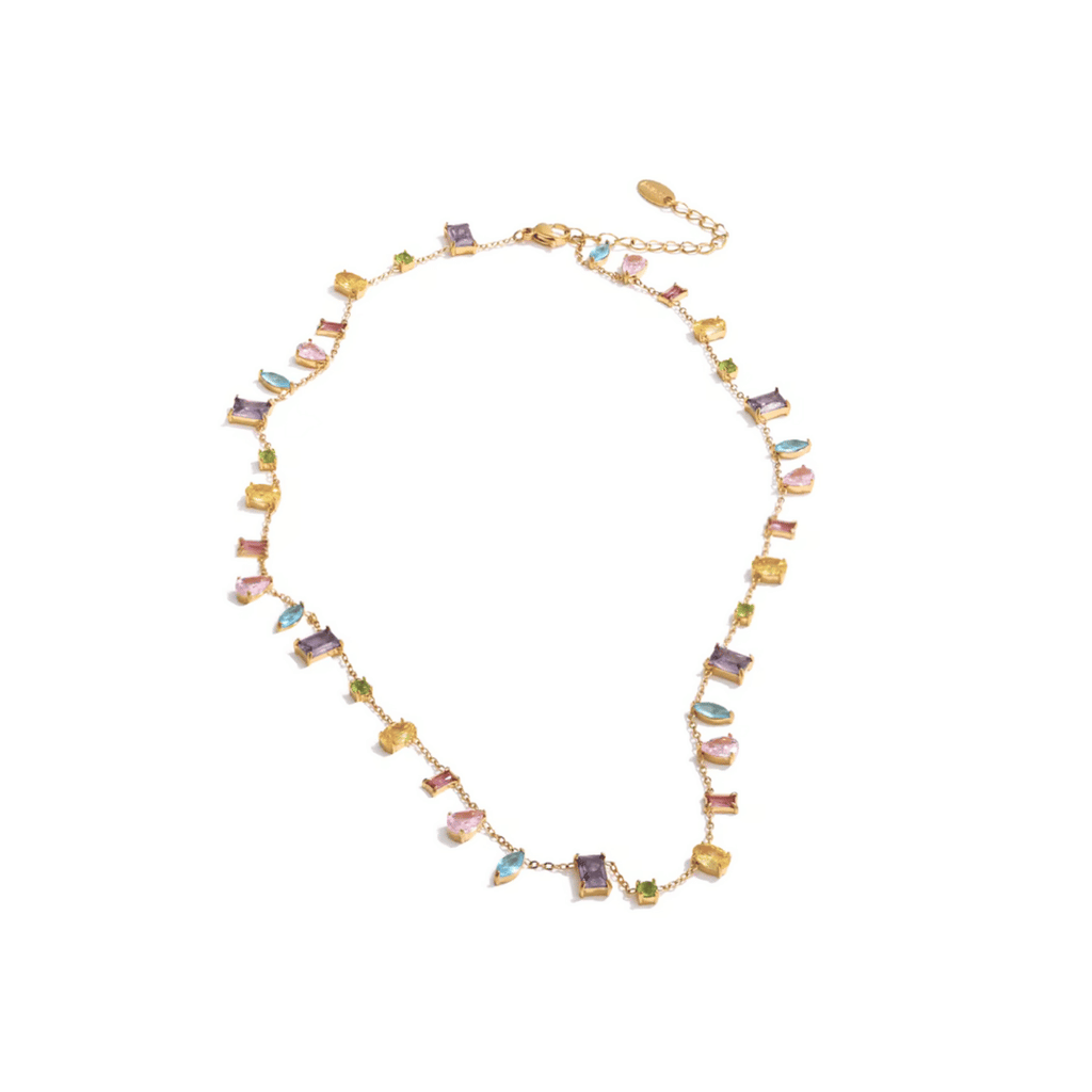 Multicolored gemstone necklace on a white background