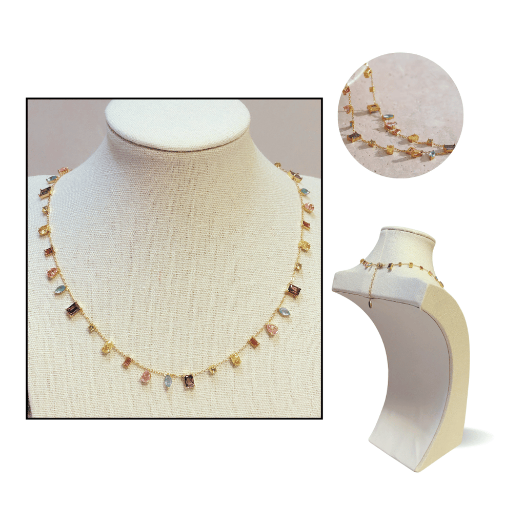 Necklace displayed on a mannequin bust with close-up detail on a white background