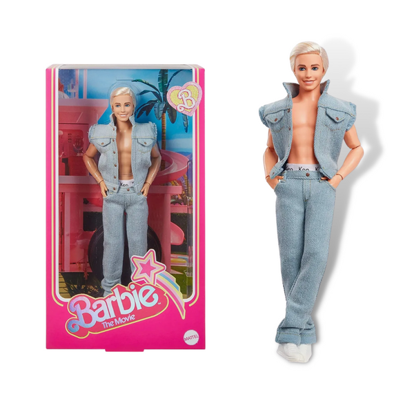 Barbie the Movie Ken in DenimThe Ken-ergy is at an all-time high! Inspired by Ken’s character in the film, this collectible doll wears a head-turning denim look. With his unbuttoned vest and iconic Ken boxers peeking out from his jeans, he captures all of film Ken’s signature style. Celebrating Barbie The Movie, this Ken doll makes a great gift for fans and collectors alike.   Features an open vest and matching light-wash jeans with premium details like contrast stitching, buttons, and pockets 