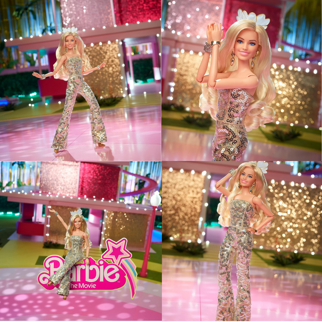 Barbie The Movie, Barbie in Gold Disco Jumpsuit | Margot Robbie Disco Gold Barbie Doll Disco Barbie Doll Hart fo Find Barbie