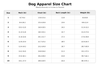 A dog apparel size chart table showing measurements in inches and pounds for dog sizes 1 through 10, with columns for neck, chest, back length, and weight.