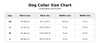 A size chart table for dog collars titled 'Dog Collar Size Chart' with columns for Size, Neck in cm and inches, Width in cm, and Width in inches, showingXS through L sizes.