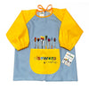 A light blue and yellow Elseware Art Plug paint-splattered apron with a front pocket holding paintbrushes, shown on a white background with a product tag beside it.