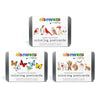 Three metal tin packages of Elseware Coloring Postcards arranged on a white background, each showing different animal illustrations on the front label.