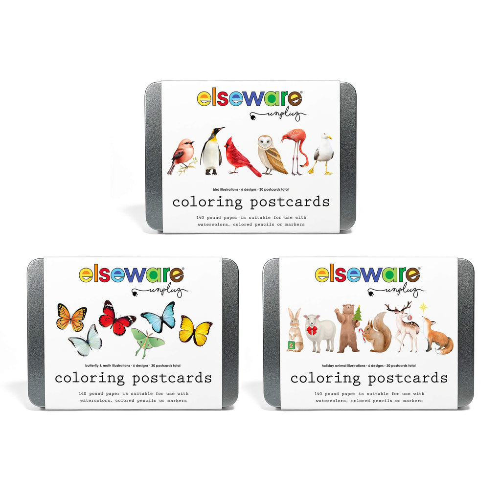 Three metal tin packages of Elseware Coloring Postcards arranged on a white background, each showing different animal illustrations on the front label.
