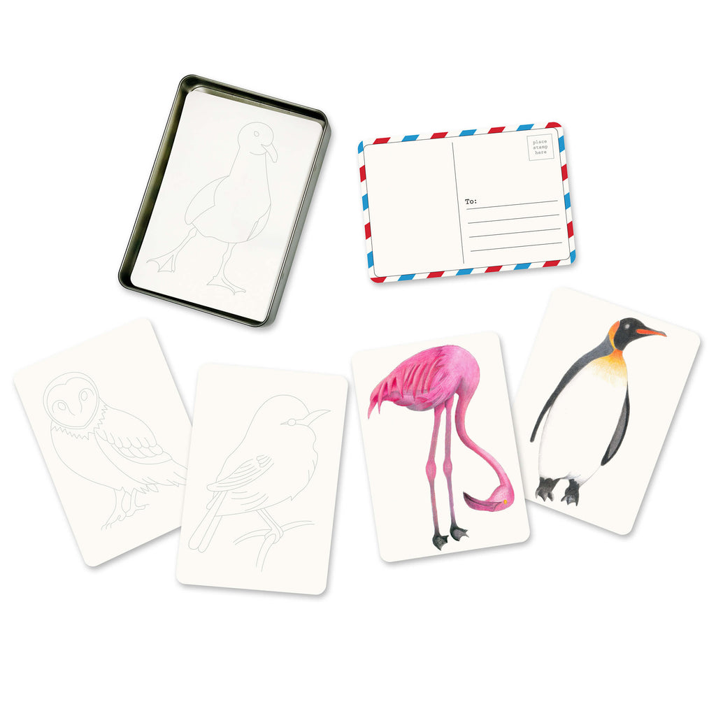 Set of animal-themed cards with a pink flamingo and penguin on a white background