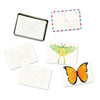 Butterfly-themed stationery set with postcards and templates on a white background
